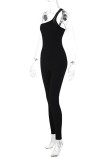Black Sexy Casual Solid Backless Oblique Collar Skinny Jumpsuits