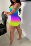 Rainbow Color Fashion Sexy Print Hollowed Out Square Collar Skinny Romper