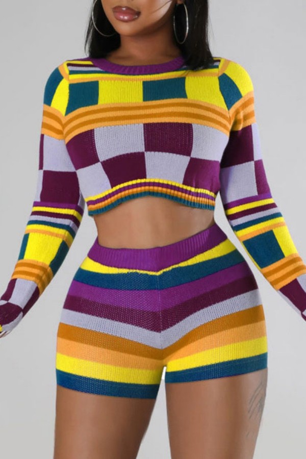 Yellow Casual Print Basic O Neck Long Sleeve Two Pieces