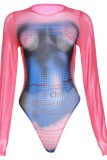 Rose Red Sexy Print Basic O Neck Long Sleeve Skinny Romper