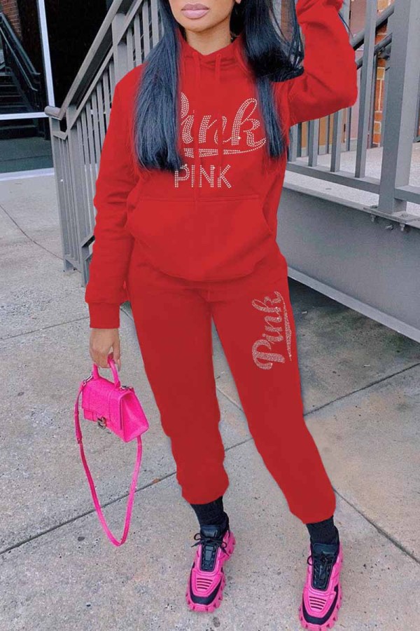 Red Casual Letter Hot Drill Hooded Collar Long Sleeve Two Pieces