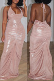 Pink Sexy Solid Bandage Backless Fold Halter Long Dress Dresses