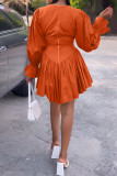 Orange Casual Solid Patchwork V Neck Long Sleeve Dresses