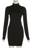 Black Sexy Solid Backless Turtleneck Long Sleeve Dresses