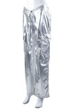 Silver Casual Solid Patchwork Regular Mid Waist Conventional Solid Color Trousers