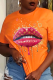 Orange Street Lips Printed Patchwork Letter O Neck T-Shirts