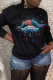 Black Casual Lips Printed Patchwork O Neck Tops