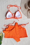 Rose Red Sexy Solid Bandage Backless Swimsuit Three Piece Set (With Paddings)
