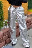 Silver Casual Solid Patchwork Regular Mid Waist Conventional Solid Color Trousers