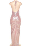 Pink Sexy Solid Bandage Backless Fold Halter Long Dress Dresses