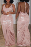 Pink Sexy Solid Bandage Backless Fold Halter Long Dress Dresses