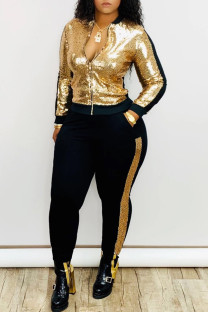 Gold Casual Patchwork Sequins Zipper Collar Plus Size Two Pieces