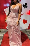 Pink Sexy Solid Bandage Backless Fold Halter Long Dress Dresses