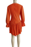 Orange Casual Solid Patchwork V Neck Long Sleeve Dresses
