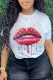White Street Lips Printed Patchwork Letter O Neck T-Shirts