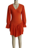 Orange Casual Solid Patchwork V Neck Long Sleeve Dresses