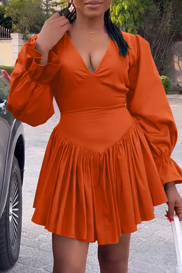 Orange Casual Solid Patchwork V Neck Long Sleeve Dresses