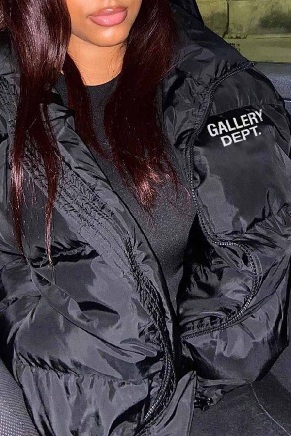 Black Street Print Letter Mandarin Collar Outerwear