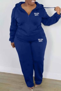 Deep Blue Casual Print Letter Hooded Collar Plus Size Two Pieces