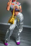 Silver Casual Solid Patchwork Regular Mid Waist Conventional Solid Color Trousers