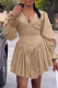 Khaki Casual Solid Patchwork V Neck Long Sleeve Dresses