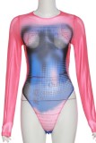 Rose Red Sexy Print Basic O Neck Long Sleeve Skinny Romper