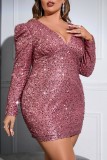 Green Sexy Casual Patchwork Sequins V Neck Long Sleeve Plus Size Dresses