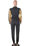 Gold Casual Patchwork Sequins Zipper Collar Plus Size Two Pieces