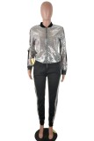 Silver Casual Patchwork Sequins Zipper Collar Plus Size Two Pieces