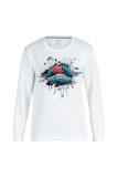 White Casual Lips Printed Patchwork O Neck Tops