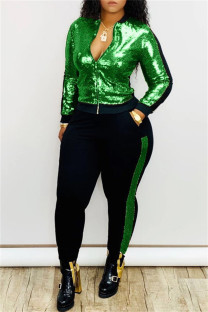 Green Casual Patchwork Sequins Zipper Collar Plus Size Two Pieces