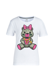 White Cute Character Print Patchwork O Neck T-Shirts