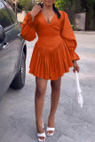 Orange Casual Solid Patchwork V Neck Long Sleeve Dresses
