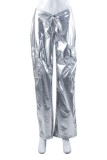 Silver Casual Solid Patchwork Regular Mid Waist Conventional Solid Color Trousers