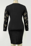 Black Casual Solid Hollowed Out V Neck Long Sleeve Plus Size Dresses