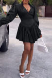 Orange Casual Solid Patchwork V Neck Long Sleeve Dresses
