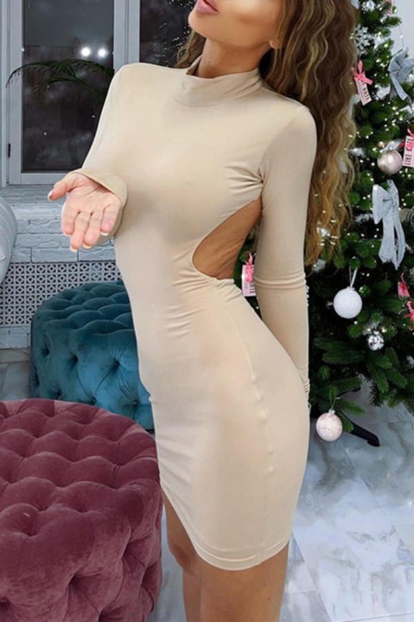 Apricot Sexy Solid Backless Turtleneck Long Sleeve Dresses