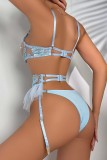 Sky Blue Sexy Patchwork Embroidery See-through Backless Lingerie