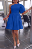 Blue Casual Solid Backless Oblique Collar A Line Dresses (Subject To The Actual Object)