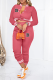 Pink Casual Print Buckle V Neck Long Sleeve Two Pieces