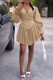 Orange Casual Solid Patchwork V Neck Long Sleeve Dresses