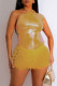 Yellow Sexy Casual Solid Patchwork Oblique Collar Sleeveless Dress Dresses