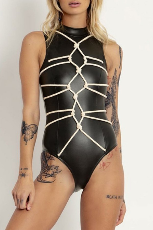 Black Sexy Solid Patchwork Half A Turtleneck Skinny Bodysuits