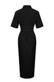 Green Casual Solid Patchwork Turndown Collar Shirt Dress Dresses