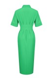 Green Casual Solid Patchwork Turndown Collar Shirt Dress Dresses