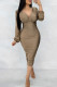 Khaki Sexy Solid Patchwork V Neck Long Sleeve Dresses