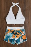 Blue Sexy Print Bandage Patchwork Backless Swimwears (With Paddings)