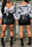 White Casual Print Patchwork Shirt Collar Tops
