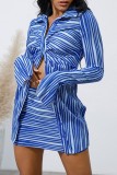 Blue Casual Striped Print Patchwork Turndown Collar Long Sleeve Two Pieces