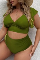 Army Green Casual Print Solid Patchwork V Neck Plus Size Swimwear (With Paddings)